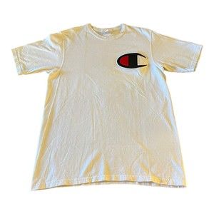 Vintage Champion White Shirt Sleeve T-shirt Big Front Logo Patch Men’s Size M